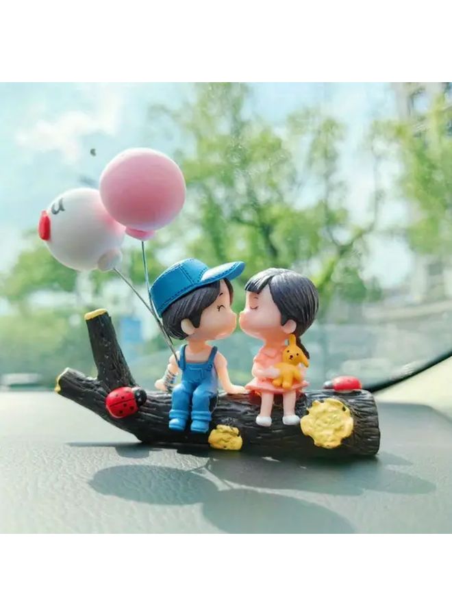 Blue Car Dashboard Figurines Set Cartoon Couple With Balloons Valentine Gift - Image 3