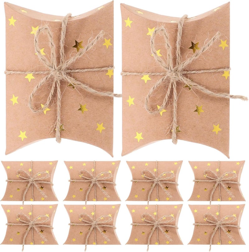 SUPVOX 100pcs Kraft Paper Pillow Shaped Boxes with Gold Foil Star and Rope, Small Candy Container and Cookie Packaging Boxes for Wedding Party Favors and Holiday Presents - Image 1
