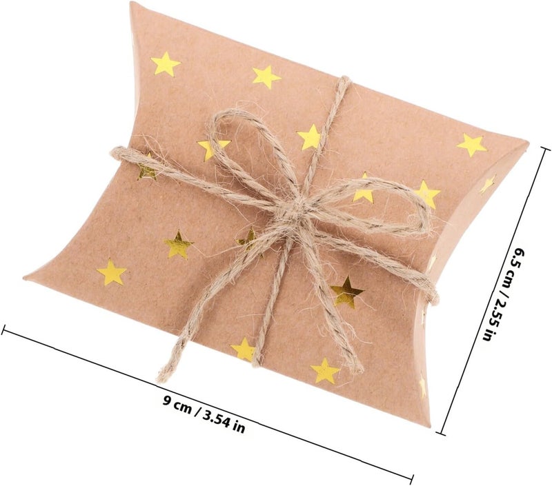 SUPVOX 100pcs Kraft Paper Pillow Shaped Boxes with Gold Foil Star and Rope, Small Candy Container and Cookie Packaging Boxes for Wedding Party Favors and Holiday Presents - Image 2