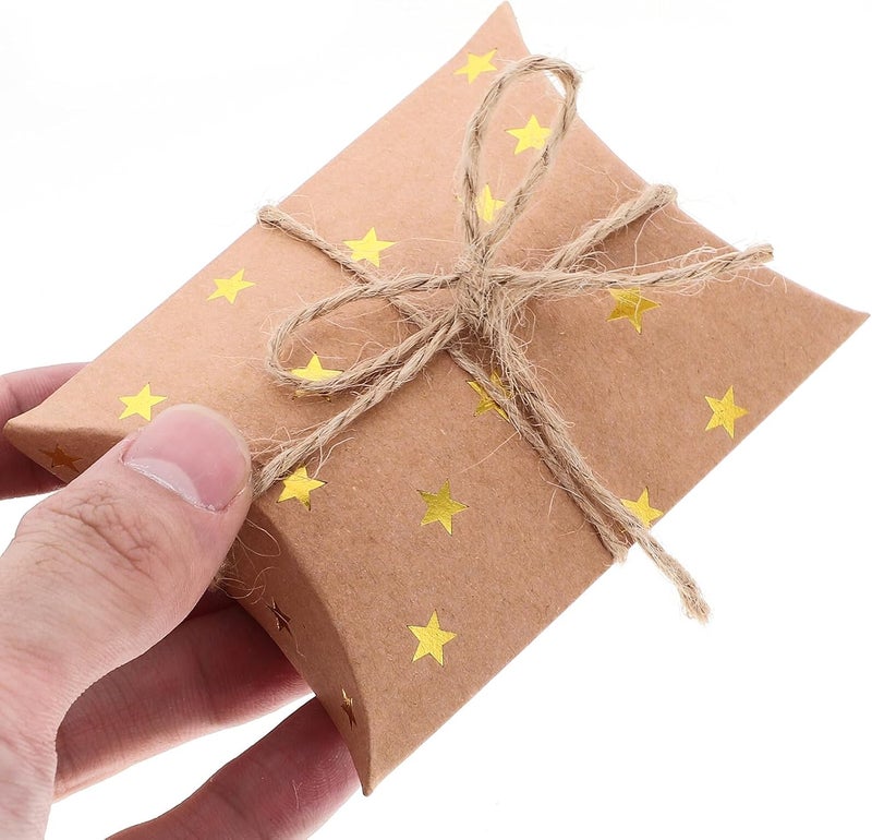 SUPVOX 100pcs Kraft Paper Pillow Shaped Boxes with Gold Foil Star and Rope, Small Candy Container and Cookie Packaging Boxes for Wedding Party Favors and Holiday Presents - Image 4