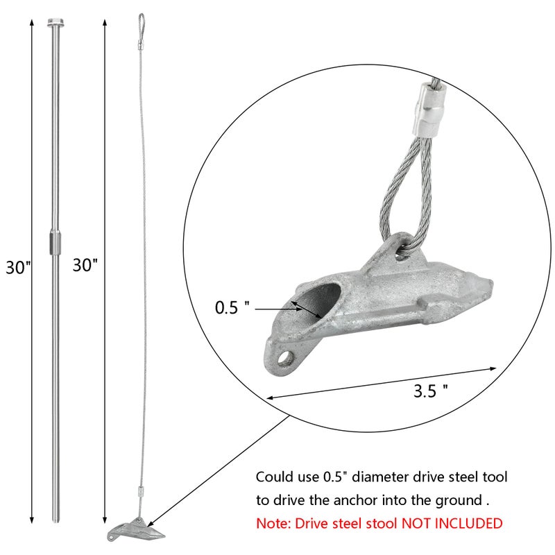 LARNORJE 6 Pack Ground Earth Anchors with Drive Steel Stool - Easy Hook Anchor with 30" Long x 1/8" Cable, Ideal for Securing Shed, Fence, Green House, Swing Set and More. - Image 2