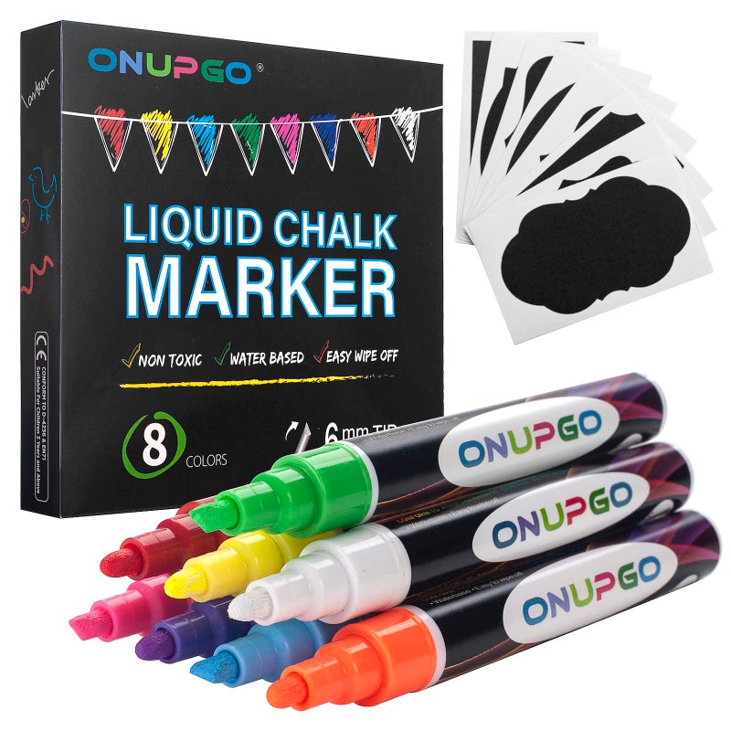 ONUPGO Liquid Chalk Markers 8 Colors Chalk Pens for Blackboard Chalkboard Signs Glass Window Graduation Celebration Washable Wet Dry Erasable Window Neon Chalk Maker for Cars