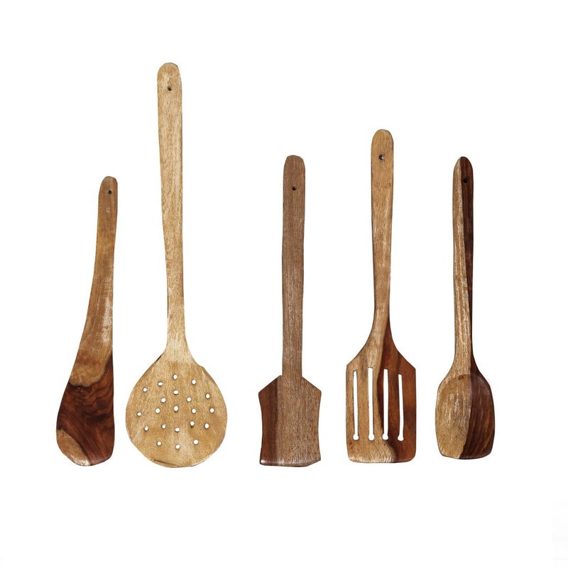 EtsiBitsi Wooden Spoon Set of 5 1 Frying 1 Serving 1 Spatula 1 Chapati Spoon 1 Desert for Kitchen Dining Table_EB_WS_001 - Image 1