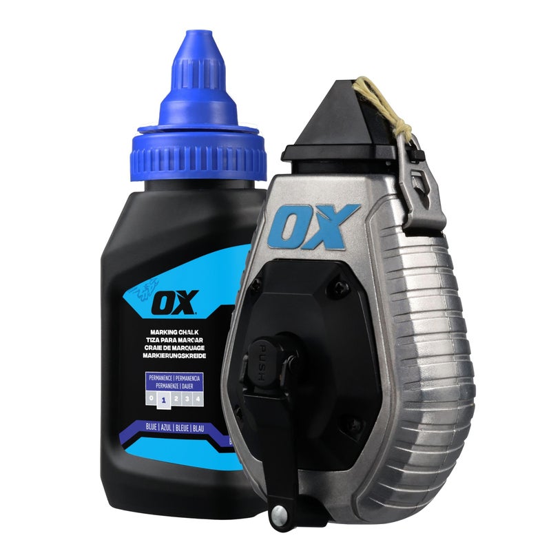 OX Pro 100ft Aluminum Chalk Line with 4oz Chalk Powder Refill - 6:1 Gear Ratio with Bold Kevlar Chalk Reel Tool - Pointed Tip Marking Tool Choclain Para Construccion Choclay - Image 1