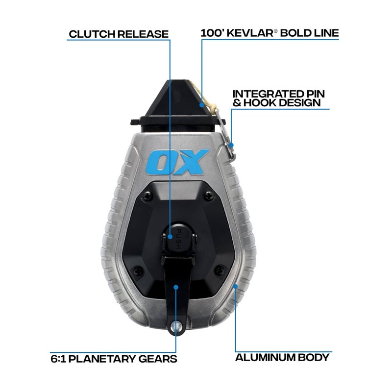 OX Pro 100ft Aluminum Chalk Line with 4oz Chalk Powder Refill - 6:1 Gear Ratio with Bold Kevlar Chalk Reel Tool - Pointed Tip Marking Tool Choclain Para Construccion Choclay - Image 2