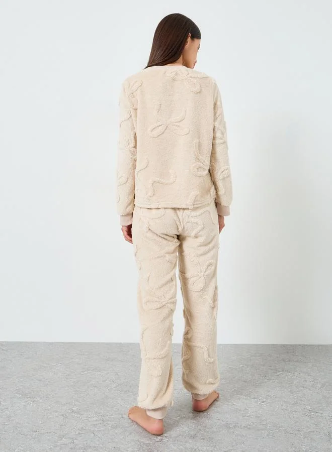 Styli Solid Jacquard Sweatshirt and Pyjama Set