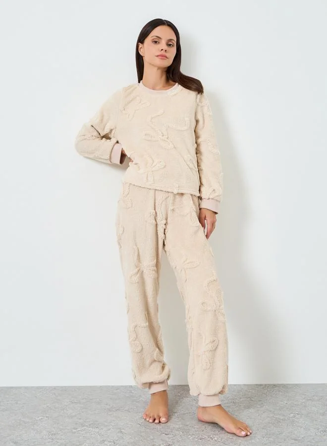 ستايلي طقم بيجاما من بنطال وسويت شيرت سادة بنقشة جاكار