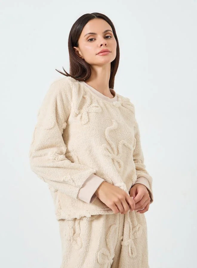 Styli Solid Jacquard Sweatshirt and Pyjama Set