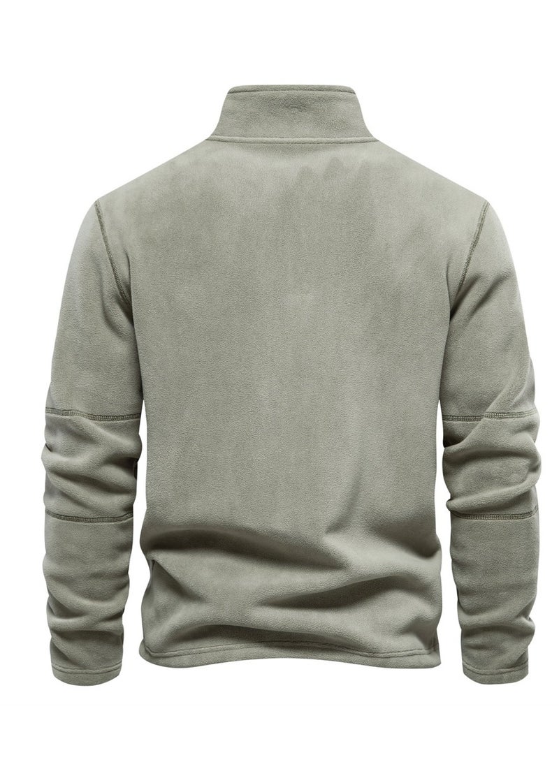 Loquat Men's Autumn And Winter Standing Collar Long Sleeved Hoodie Fleece Top  Olive Green  - Image 2