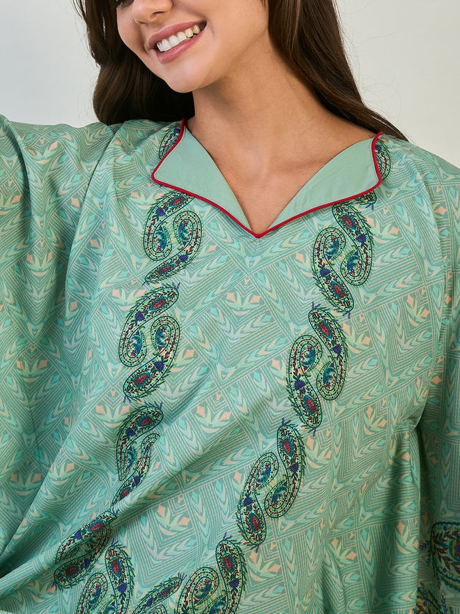 The Kaftan Company Green Paisley Printed Kaftan Nightdress with 3/4 Sleeves - Image 4