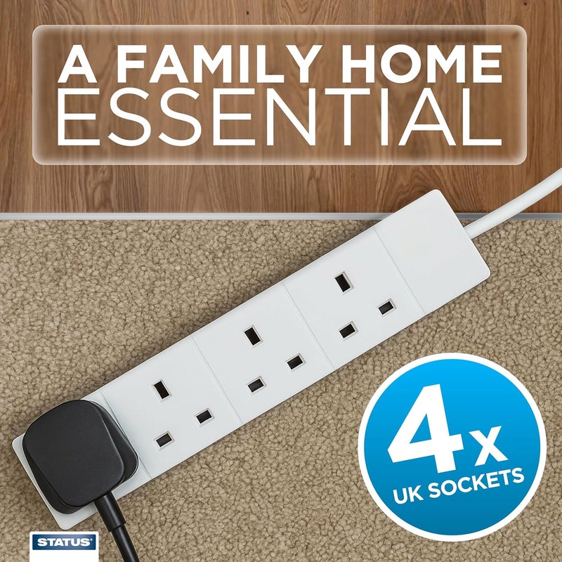 Status Multi Plug Extension | 4 Socket Extension Cable | 1m Extension Lead | S4W1MS12 White - Image 2