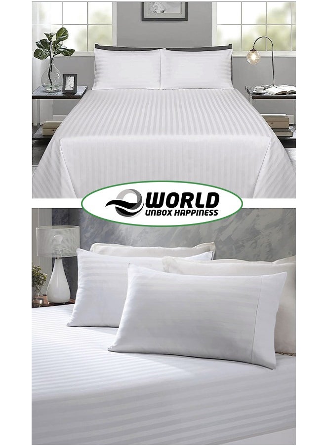 Eworld - 3 Piece Luxury White Striped Bed Sheet Set with 1 Flat Sheet and 2 Pillowcases for Hotel and Home Crafted from Ultra Soft and Breathable For All Seasons Cotton for Year-Round Comfort (Single/Double) - Image 1