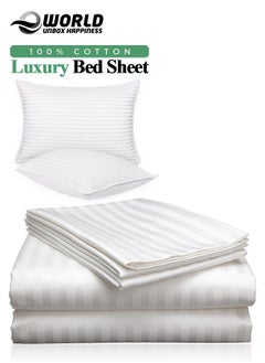 Eworld 3 Piece Luxury White Striped Bed Sheet Set with 1 Flat Sheet and 2 Pillowcases for Hotel and Home Crafted from Ultra Soft and Breathable For All Seasons Cotton for Year-Round Comfort (Single/Double)  - Image 1