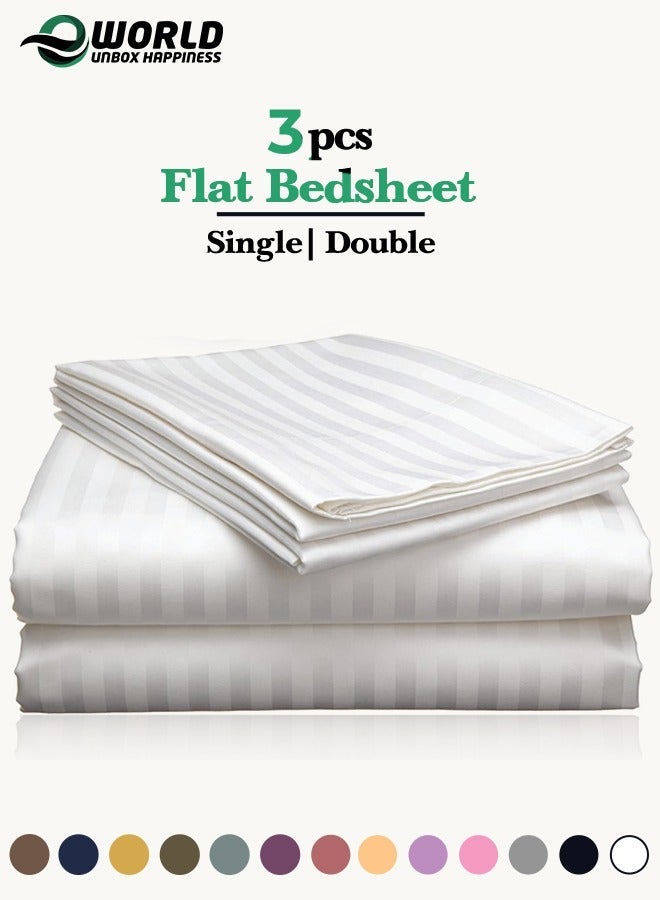 Eworld 3 Piece Luxury White Striped Bed Sheet Set with 1 Flat Sheet and 2 Pillowcases for Hotel and Home Crafted from Ultra Soft and Breathable For All Seasons Microfiber for Year-Round Comfort (Single/Double) - Image 1