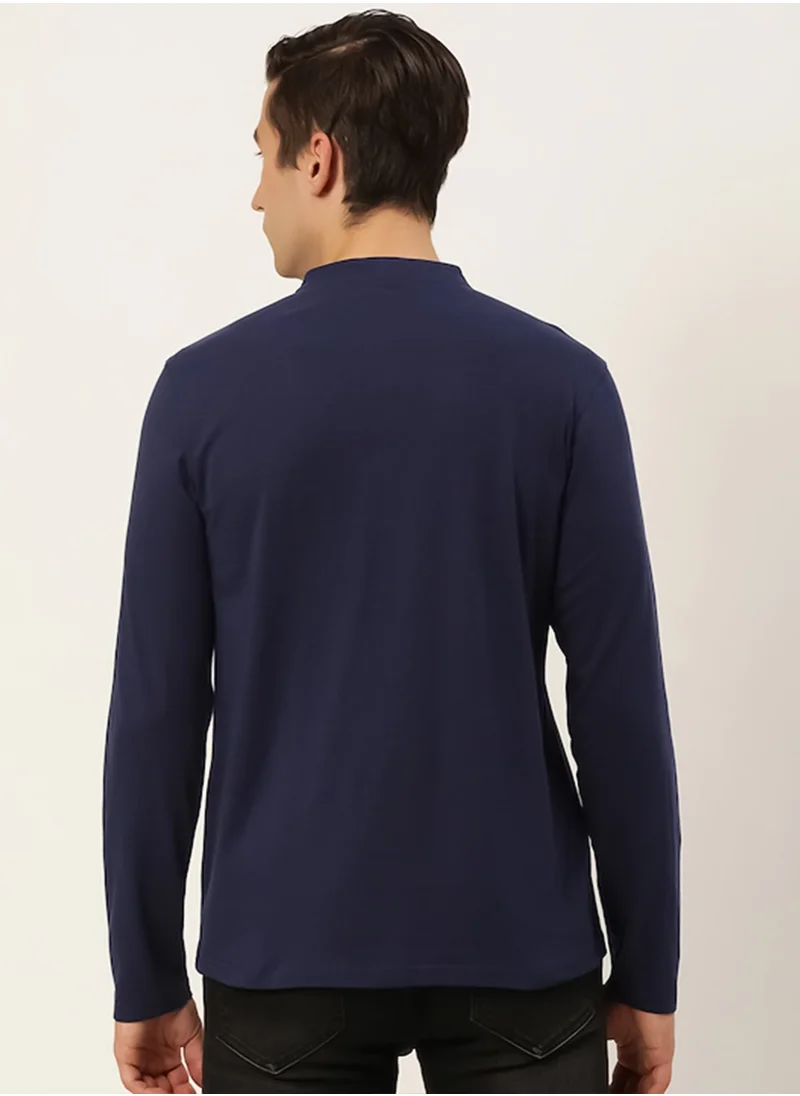 Maniac Maniac Men Printed Henley Neck Half Sleeve Cotton Navy Slim Fit Tshirt