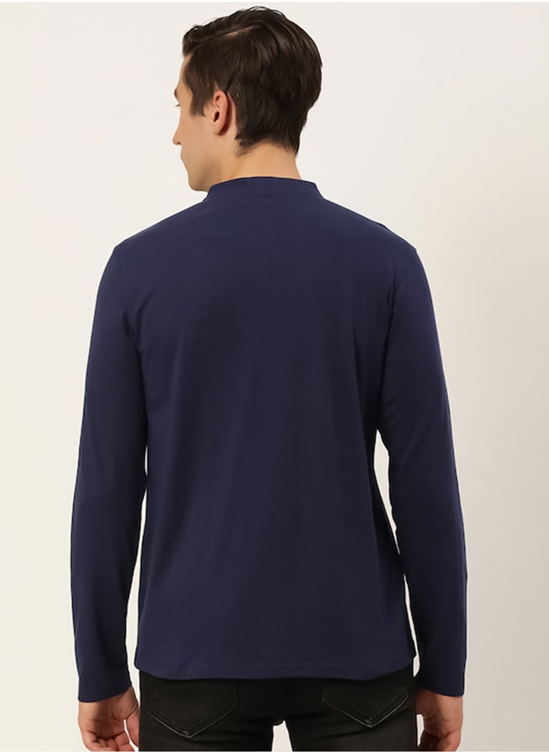 Maniac Maniac Men Printed Henley Neck Half Sleeve Cotton Navy Slim Fit Tshirt  - Image 3