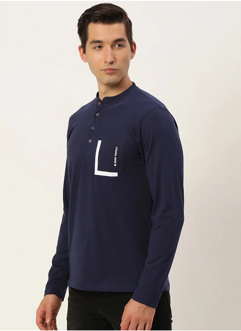 Maniac Maniac Men Printed Henley Neck Half Sleeve Cotton Navy Slim Fit Tshirt