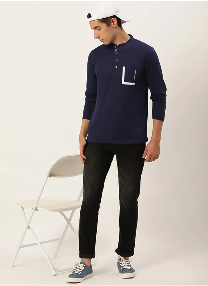 Maniac Maniac Men Printed Henley Neck Half Sleeve Cotton Navy Slim Fit Tshirt