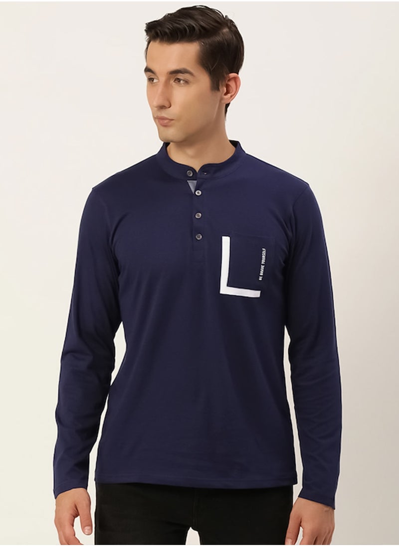 Maniac Maniac Men Printed Henley Neck Half Sleeve Cotton Navy Slim Fit Tshirt  - Image 2