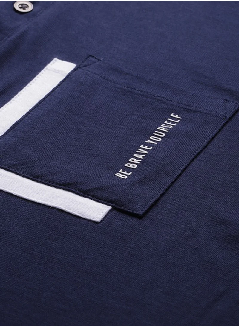 Maniac Maniac Men Printed Henley Neck Half Sleeve Cotton Navy Slim Fit Tshirt