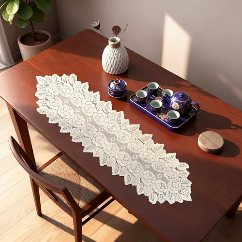 Azefnuhk Beige Oval Lace Table Runner Doilies, Cotton Handmade Crochet Placemats, Floral Table Scarf for Wedding Living Room Kitchen Dining Decor (46.46 x 12.6 Inch) - Image 5