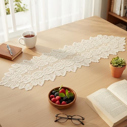 Azefnuhk Beige Oval Lace Table Runner Doilies, Cotton Handmade Crochet Placemats, Floral Table Scarf for Wedding Living Room Kitchen Dining Decor (46.46 x 12.6 Inch) - Image 1