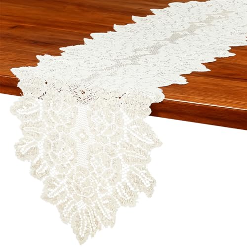 Azefnuhk Beige Oval Lace Table Runner Doilies, Cotton Handmade Crochet Placemats, Floral Table Scarf for Wedding Living Room Kitchen Dining Decor (46.46 x 12.6 Inch) - Image 4
