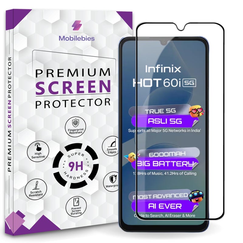 Mobilebies حماية شاشة زجاجية مقواة متميزة لجهاز infinix Hot 60i 5G (6.75 بوصة، عبوة من 1) | تغطية من الحافة إلى الحافة مع مجموعة سهلة للتثبيت - Image 1