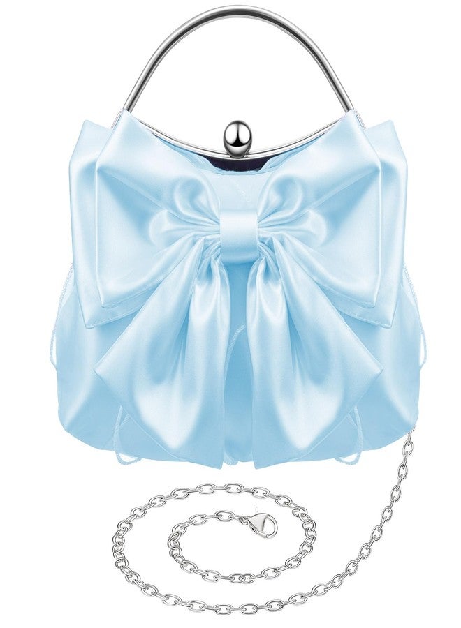Dansydaisy Coquette Clutch Purse for Women Christmas Pleated Satin Bow Purse Evening Bag with Chain for Wedding Party Prom, Blue, 8.7 x 8.1 x 1.2 inches - Image 1