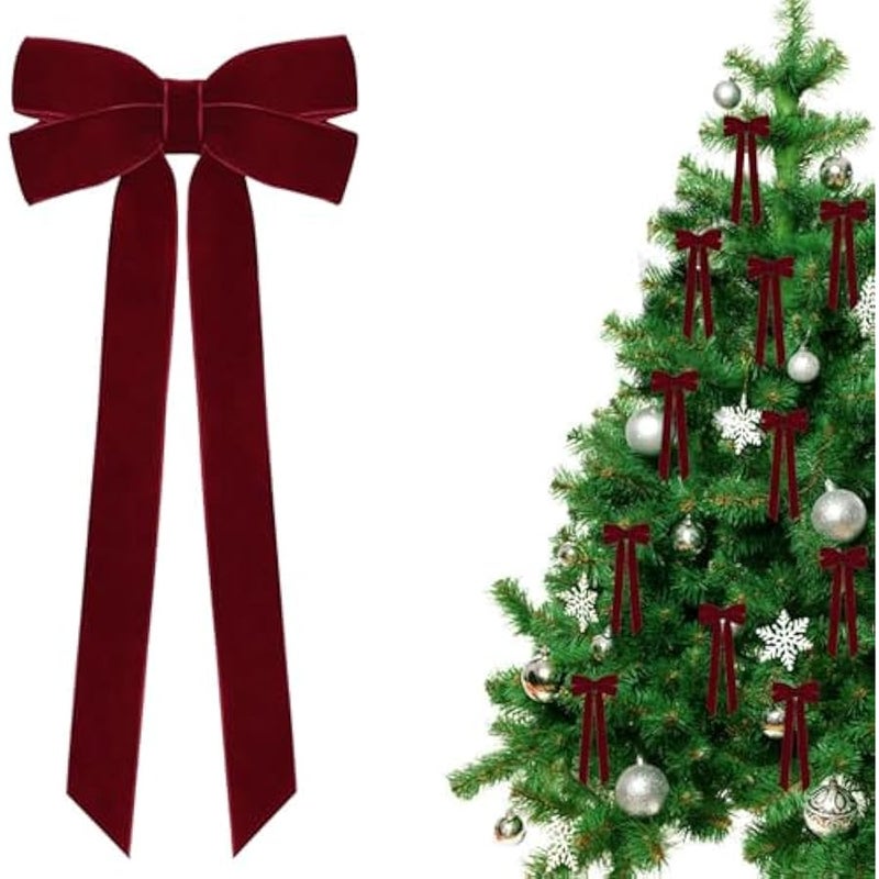 Arabest 12 Pcs Red Velvet  Tree Bows Door Garland Decor Vintage Wreath Bow Suitable for  Trees (Burgundy) - Image 1
