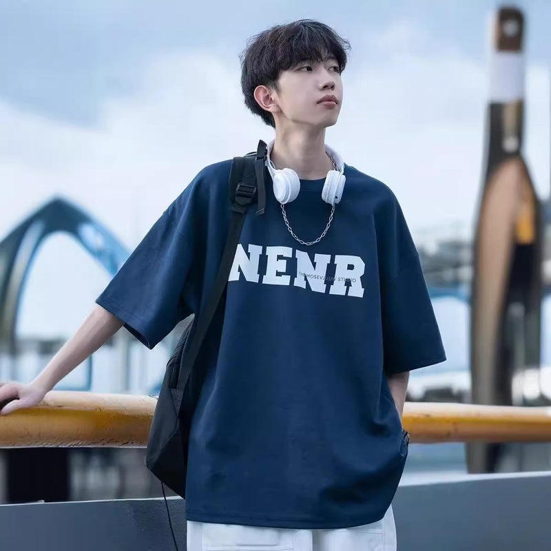 Short-Sleeved T-Shirt Men'S Summer American High Street Trendy Brand Letter Heavy Loose Boys Half-Sleeved T-Shirt - Image 2