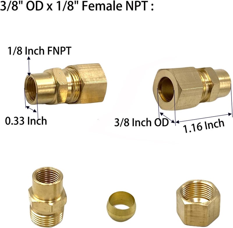 Bumugufu 4 قطع 3/8" OD × 1/8" أنثوي NPT تركيبة أنبوب ضغط، محول نحاسي مستقيم 3/8 بوصة OD إلى 1/8 بوصة FNPT للزيت والغاز والمياه غير الصالحة للشرب - Image 2
