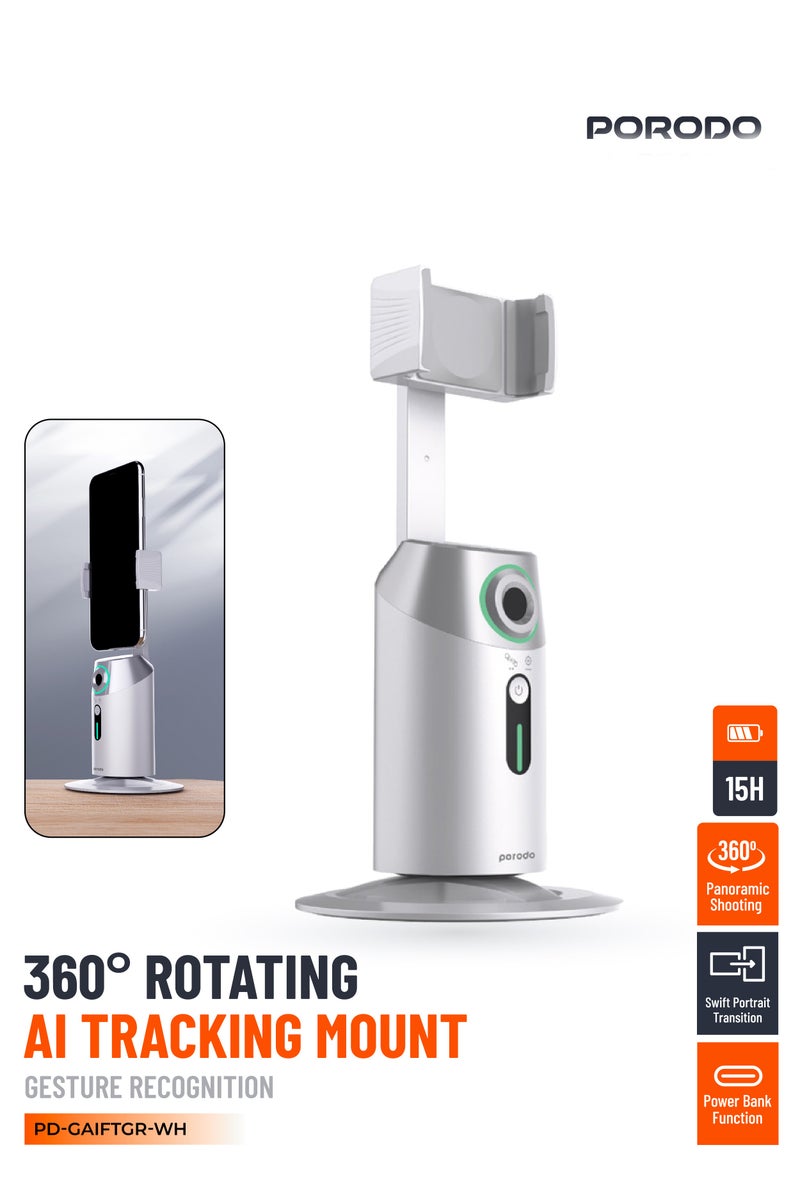 porodo 360° Rotating Phone Mount with Gesture Recognition / Power Bank Function / Swift Portrait Transition / 15 Hours Working Time - White  - Image 1