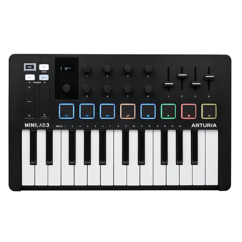 Arturia MiniLab 3، وحدة تحكم MIDI USB-C ذات 25 مفتاح رفيع مع ضمان 5 سنوات، 8 وسادات LED مضاءة، 8 مقبض، 4 منزلقات، مخرج MIDI، مبرمج مدمج، وضع الأوتار وحزمة البرمجيات - أسود - Image 1