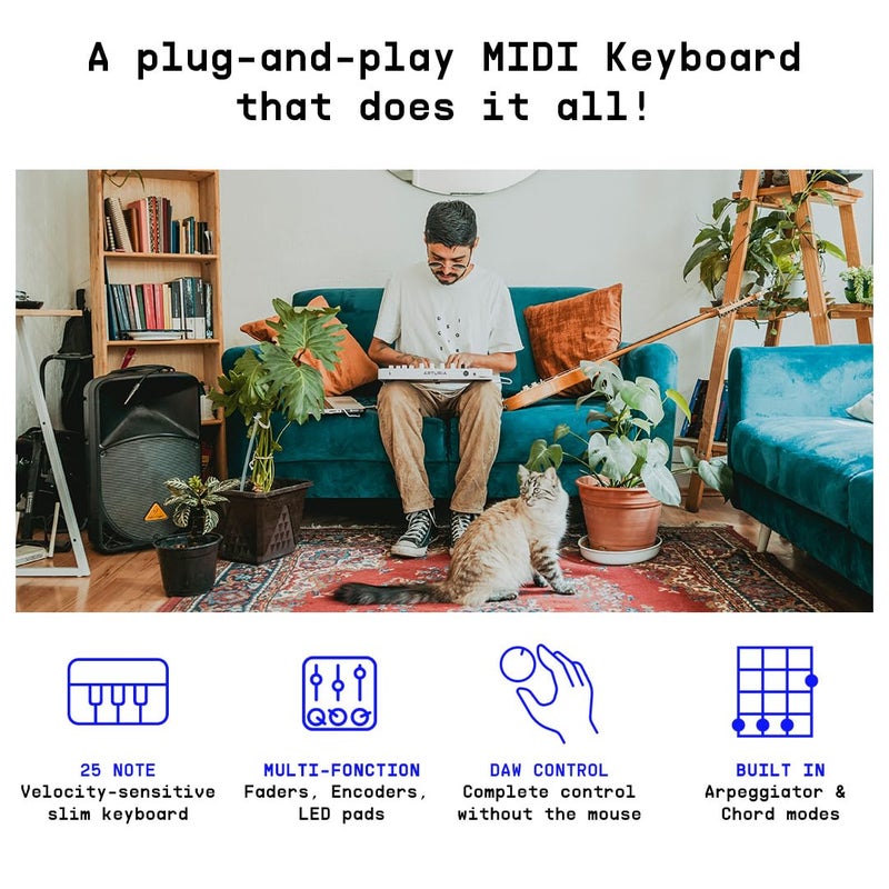Arturia MiniLab 3، وحدة تحكم MIDI USB-C ذات 25 مفتاح رفيع مع ضمان 5 سنوات، 8 وسادات LED مضاءة، 8 مقبض، 4 منزلقات، مخرج MIDI، مبرمج مدمج، وضع الأوتار وحزمة البرمجيات - أسود - Image 2