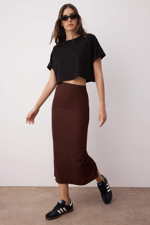 Brown Textured Slit Midi Stretchy Knitted Skirt
