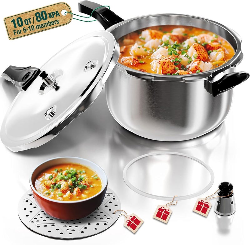 WantJoin Stainless Steel Pressure Cooker(Non-Aluminum),10 Quart Induction Compatible Pressure Cooker with Spring Valve Safeguard Devices,Compatible with Gas & Induction Cooker - Image 1