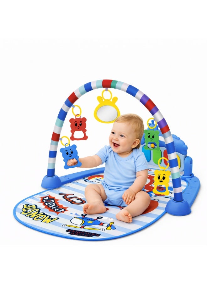 O2. Blue Baby Activity Gym Play Mat with Hanging Toys and Mirror – Soft Infant Play Mat with Interactive Toys, Sensory Development Floor Gym for Babies and Toddlers - Image 3