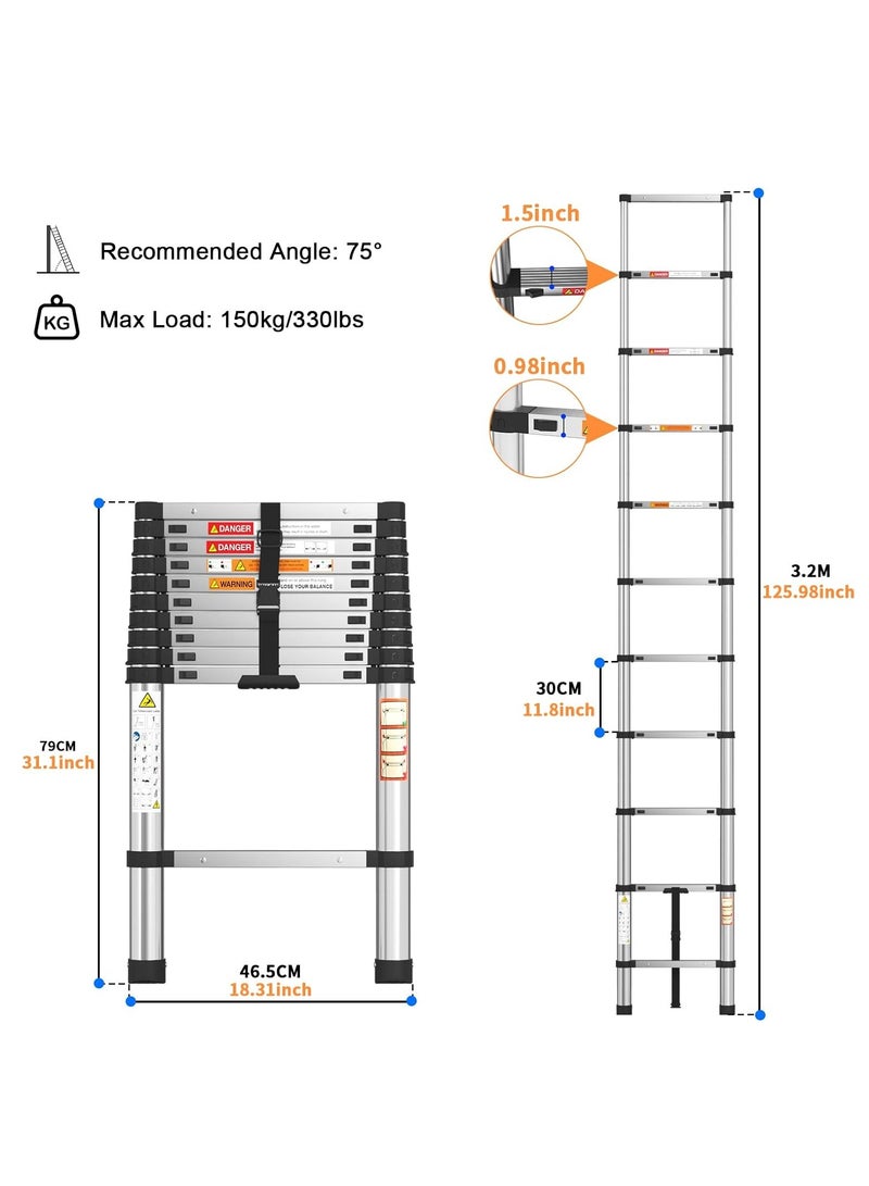 3.2m Extendable Multipurpose Stainless Steel Ladder, Small Portable Ladder for Roof, RV, Decorating, Painting, Cleaning - Image 2