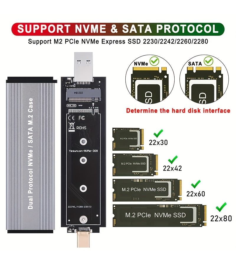 علبة M2 NVMe SSD خارجية من نوع USB 3.1 Type C بسرعة 10 جيجابت في الثانية لأقراص PCIe NVMe و SATA NGFF مع سعة تخزين تصل إلى 2 تيرابايت، متوافقة مع أجهزة الكمبيوتر المحمولة والهواتف وأجهزة الكمبيوتر المكتبية. - Image 4