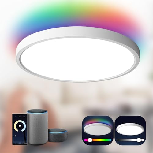 TALOYA Smart Ceiling Light Flush Mount LED WiFi,Compatible with Alexa Google Home,Dimmable Low Profile Ambient Light Fixture for Bedroom Living Room Hallway Kitchen Nursery,12 Inch,RGB - Image 1