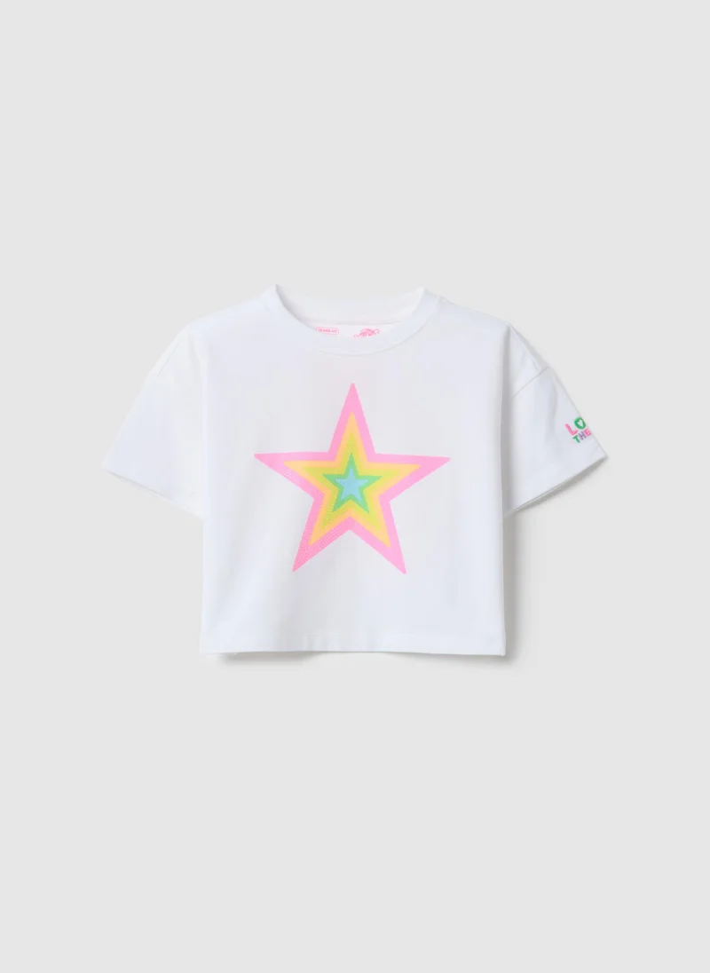 Ovs Ovs Girls' White Stretch Cotton Boxy Fit T-Shirt With Star