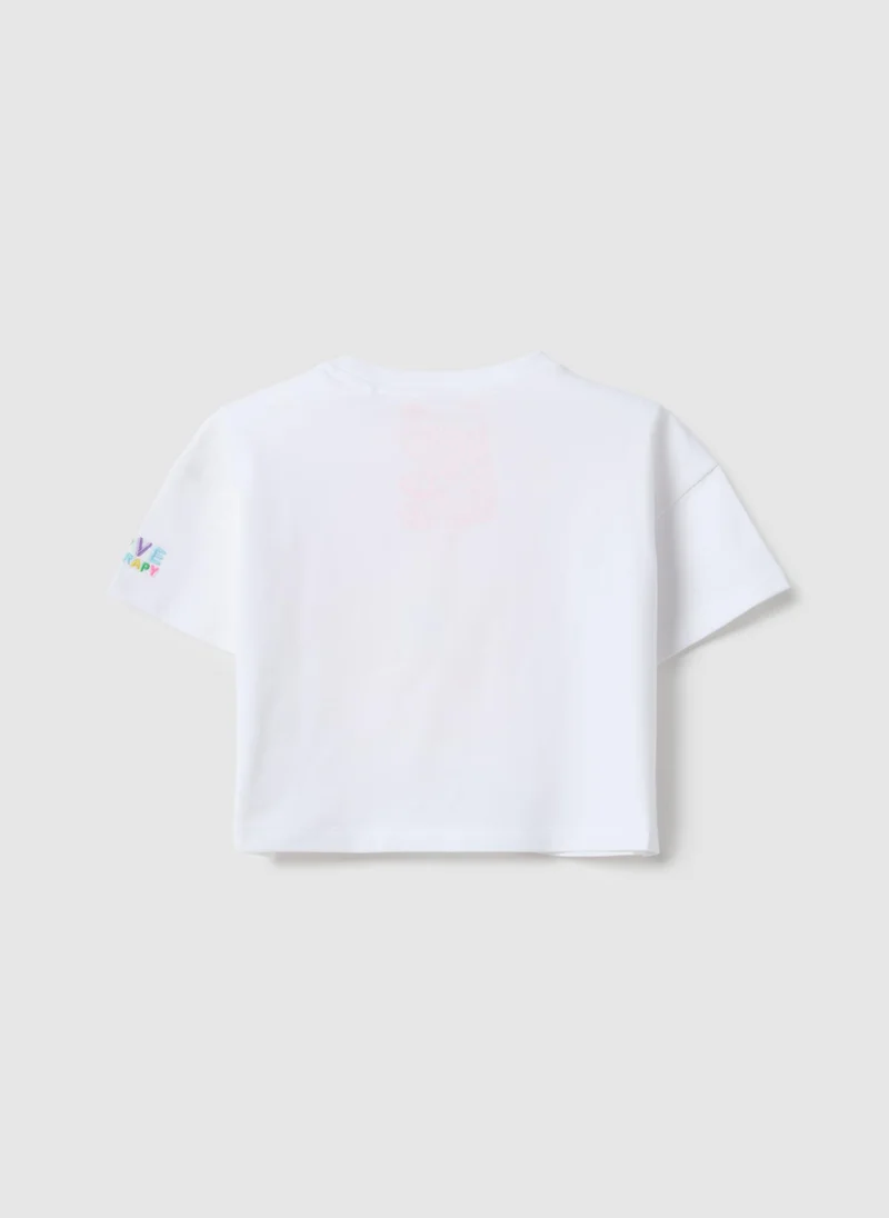 Ovs Ovs Girls' White Stretch Cotton Boxy Fit T-Shirt With Star