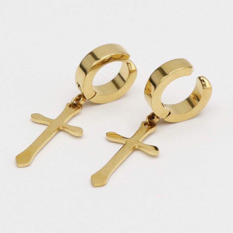 CCBFY Non-pierced Earrings Set for Men Women Cross Titanium Steel Hoop Dangle Clip On Earring - Image 4