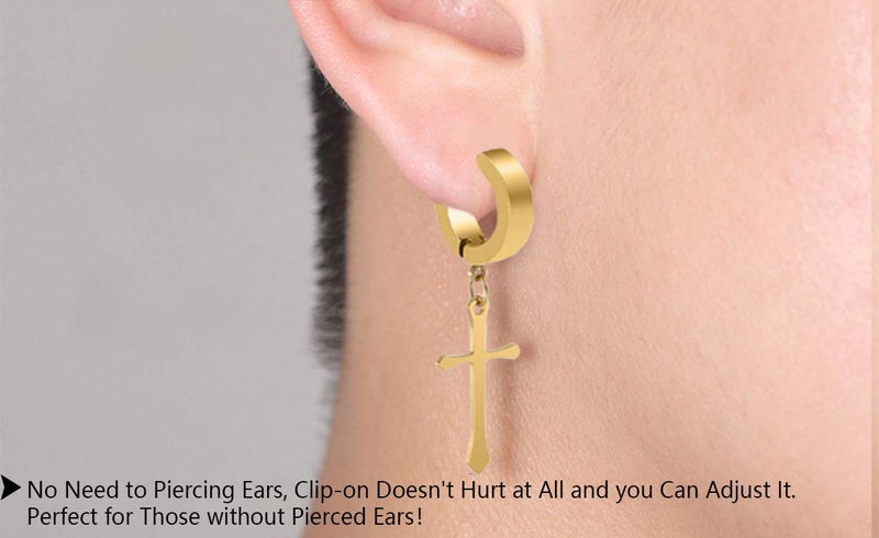CCBFY Non-pierced Earrings Set for Men Women Cross Titanium Steel Hoop Dangle Clip On Earring - Image 3