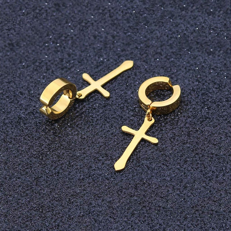CCBFY Non-pierced Earrings Set for Men Women Cross Titanium Steel Hoop Dangle Clip On Earring - Image 5