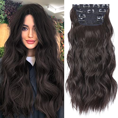 LEEONS Clip in Hair Extensions 4PCS Brown Black Thick Hair Piece 20 Inches Long Wavy Clip in Extensions Full Head Synthetic Hairpieces for Women (4pcs, 20Inch, 4#) - Image 1