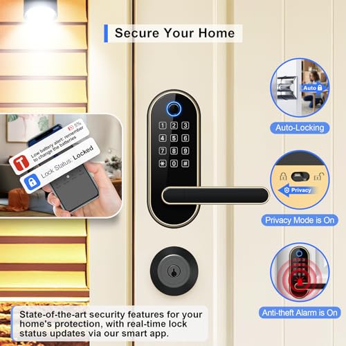 samtechT Keyless Entry Fingerprint Smart Lock with Handle & Keypad: Electronic/Electric Digital Lock with Code/Passcode, Biometric Deadbolt Door Knob for Front Door, Bedroom, Interior or Exterior Use (Gold) - Image 4