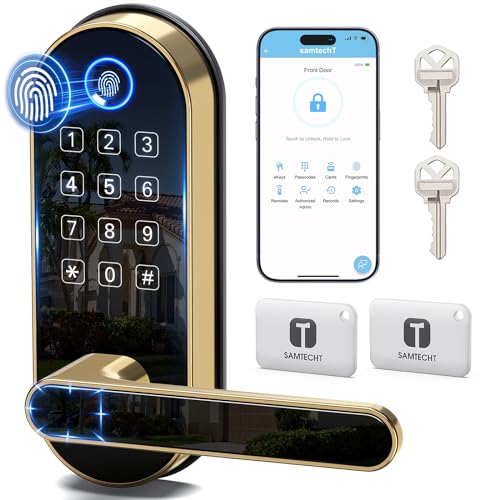 samtechT Keyless Entry Fingerprint Smart Lock with Handle & Keypad: Electronic/Electric Digital Lock with Code/Passcode, Biometric Deadbolt Door Knob for Front Door, Bedroom, Interior or Exterior Use (Gold) - Image 1