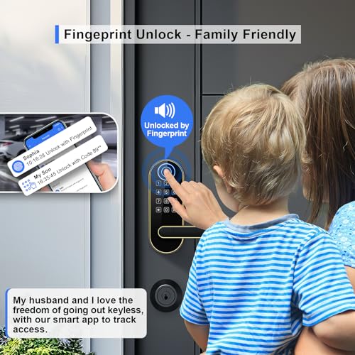 samtechT Keyless Entry Fingerprint Smart Lock with Handle & Keypad: Electronic/Electric Digital Lock with Code/Passcode, Biometric Deadbolt Door Knob for Front Door, Bedroom, Interior or Exterior Use (Gold) - Image 2